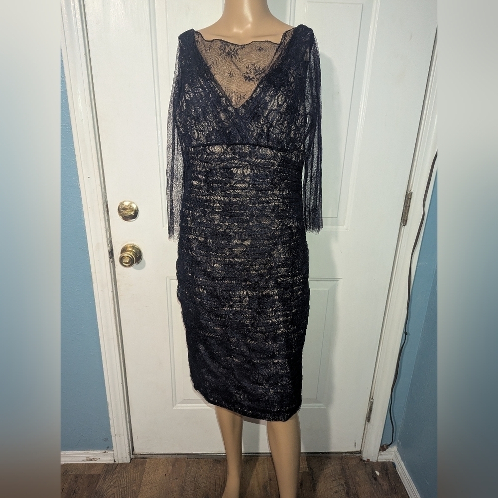 Teri Jon Blue Ruched Sheath Dress V-Neck 3/4 Sleeve - Picture 2 of 7